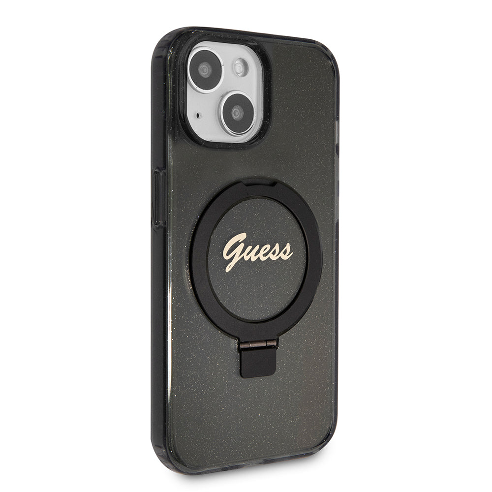 MagSafe Hülle für Apple iPhone 15 Plus, Guess, Ring Stand Script Glitter, Schwarz