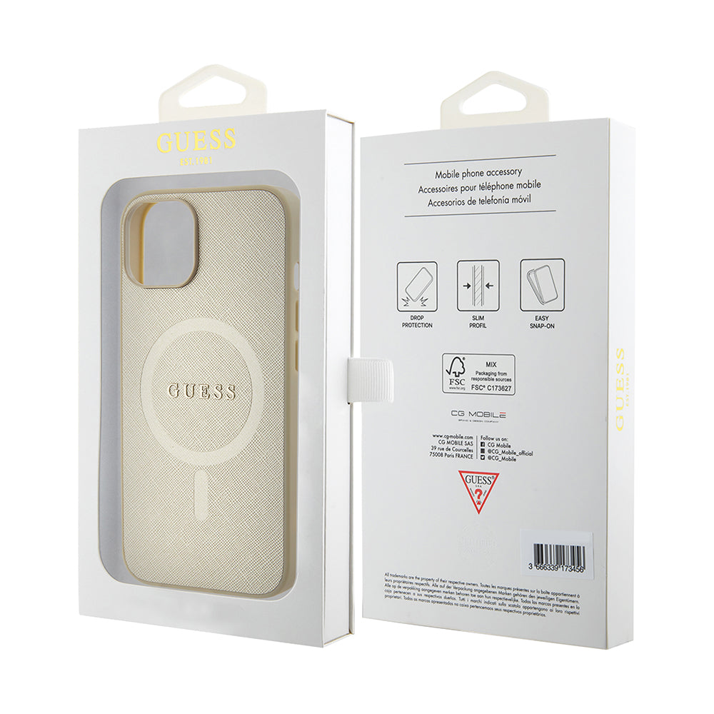 MagSafe Case for Apple iPhone 15 Plus, Guess, Saffiano, Gold