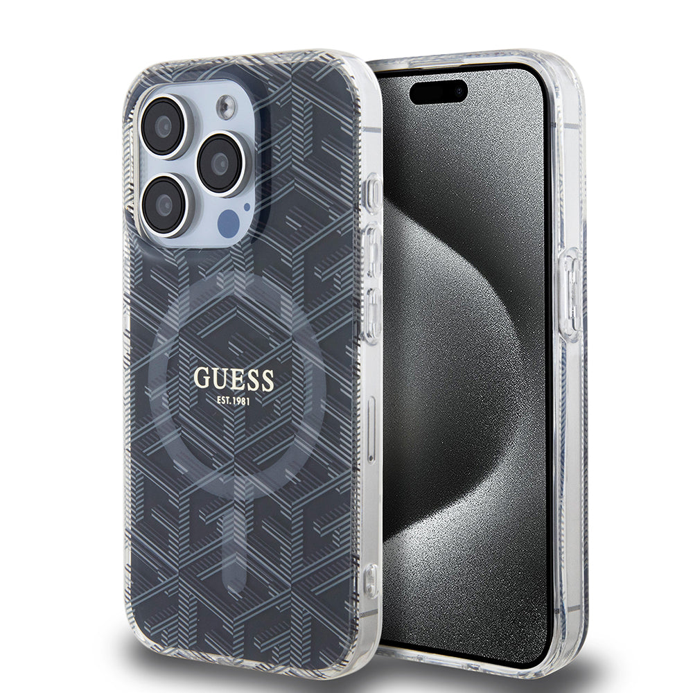 MagSafe Hülle für Apple iPhone 15 Pro, Guess, IML Gcube, Schwarz