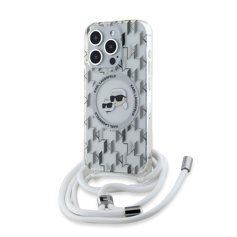 MagSafe Hülle für Apple iPhone 15 Pro, Karl Lagerfeld, IML Crossbody Monogram Karl & Choupette's Heads, Transparent