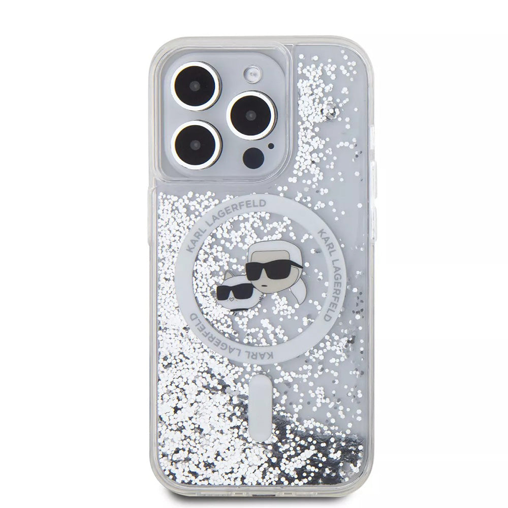 MagSafe Hülle für Apple iPhone 15 Pro, Karl Lagerfeld, Liquid Glitter Karl & Choupette's Heads, Transparent