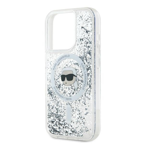MagSafe Hülle für Apple iPhone 15 Pro, Karl Lagerfeld, Liquid Glitter Karl's Head, Transparent