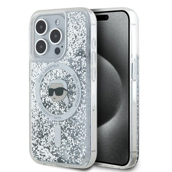 MagSafe Hülle für Apple iPhone 15 Pro, Karl Lagerfeld, Liquid Glitter Karl's Head, Transparent
