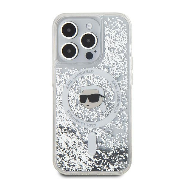 MagSafe Hülle für Apple iPhone 15 Pro, Karl Lagerfeld, Liquid Glitter Karl's Head, Transparent