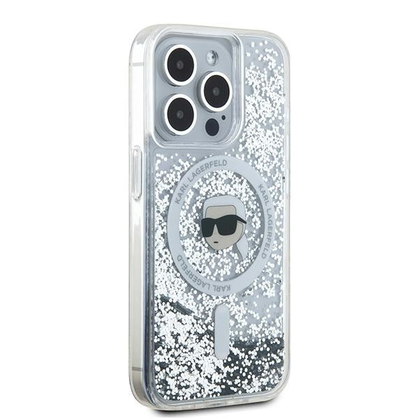 MagSafe Hülle für Apple iPhone 15 Pro, Karl Lagerfeld, Liquid Glitter Karl's Head, Transparent