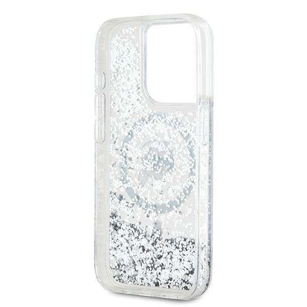 MagSafe Hülle für Apple iPhone 15 Pro, Karl Lagerfeld, Liquid Glitter Karl's Head, Transparent