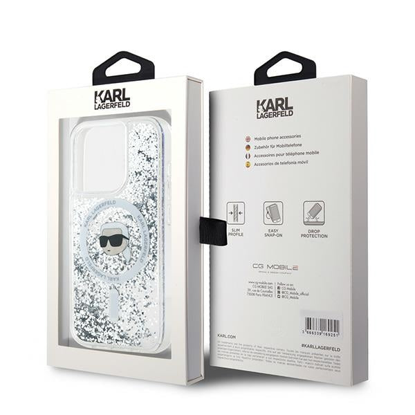 MagSafe Hülle für Apple iPhone 15 Pro, Karl Lagerfeld, Liquid Glitter Karl's Head, Transparent