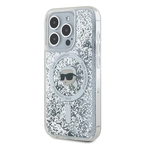 MagSafe Hülle für Apple iPhone 15 Pro, Karl Lagerfeld, Liquid Glitter Karl's Head, Transparent