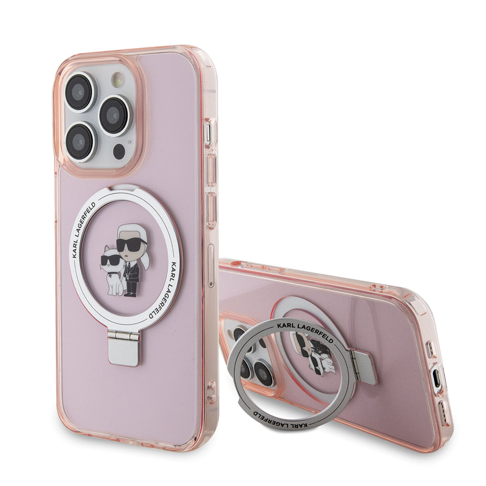 MagSafe Hülle für Apple iPhone 15 Pro, Karl Lagerfeld, Ring Stand Karl & Choupette, Rosa