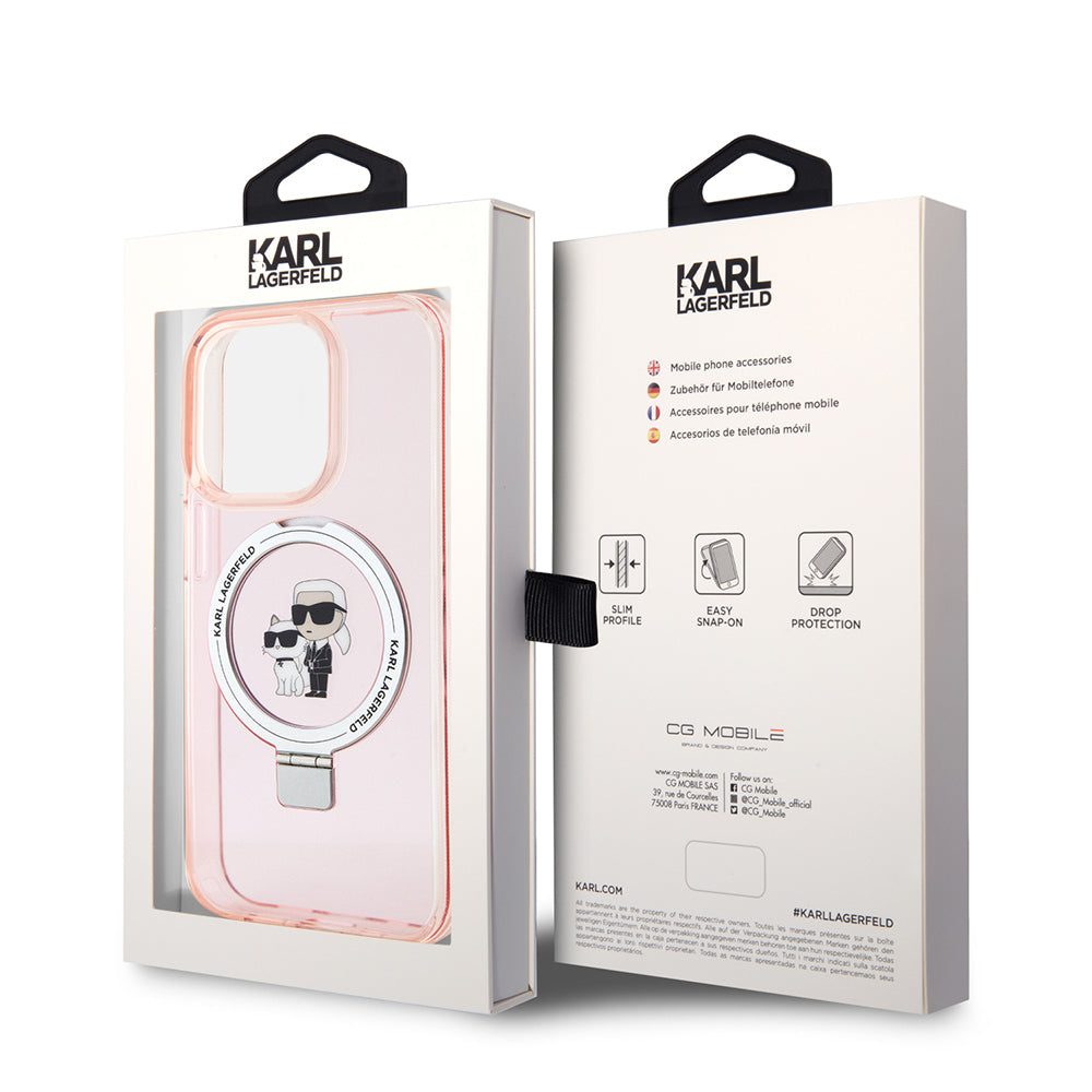 MagSafe Hülle für Apple iPhone 15 Pro, Karl Lagerfeld, Ring Stand Karl & Choupette, Rosa