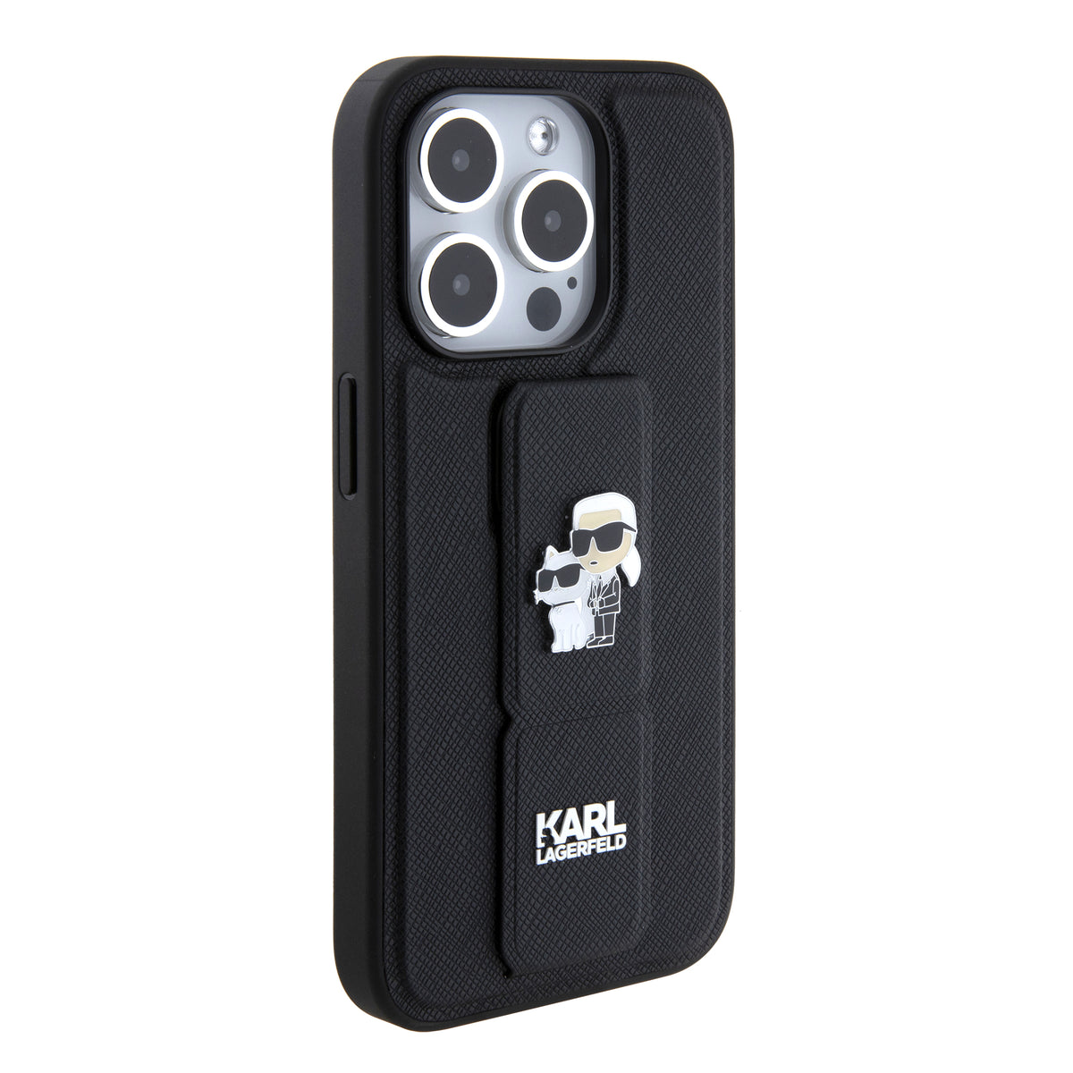 MagSafe Hülle für Apple iPhone 15 Pro, Karl Lagerfeld, Saffiano Gripstand Karl & Choupette, Schwarz