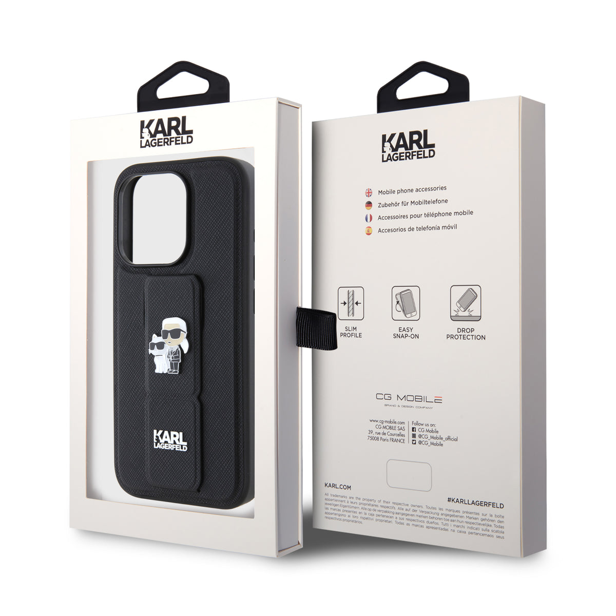 MagSafe Hülle für Apple iPhone 15 Pro, Karl Lagerfeld, Saffiano Gripstand Karl & Choupette, Schwarz