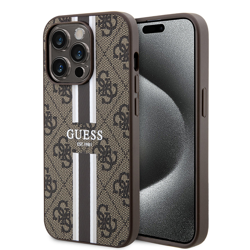 MagSafe Hülle für Apple iPhone 15 Pro Max, Guess, 4G Printed Stripes, Braun