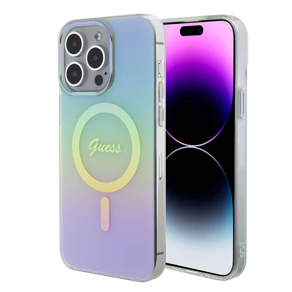 MagSafe Case for Apple iPhone 15 Pro Max, Guess, IML Iridescent, Turquoise