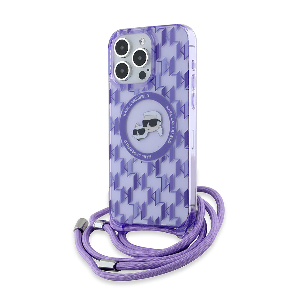 MagSafe Hülle für Apple iPhone 15 Pro Max, Karl Lagerfeld, IML Crossbody Monogram Karl & Choupette's Heads, Lila