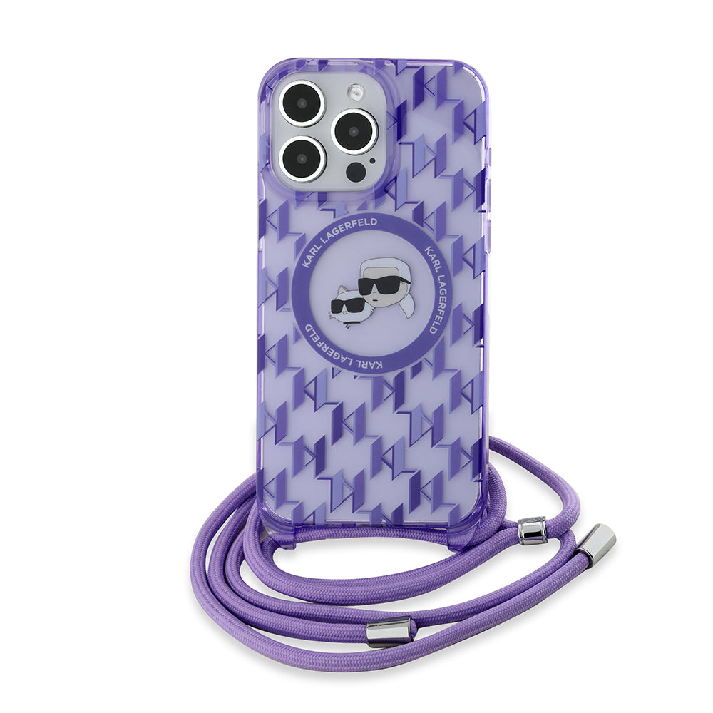 MagSafe Hülle für Apple iPhone 15 Pro Max, Karl Lagerfeld, IML Crossbody Monogram Karl & Choupette's Heads, Lila