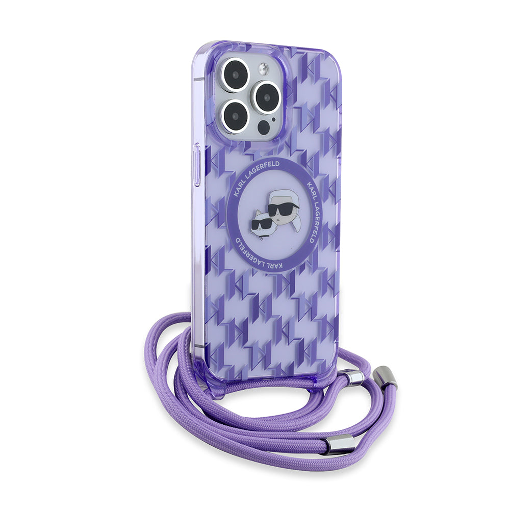 MagSafe Hülle für Apple iPhone 15 Pro Max, Karl Lagerfeld, IML Crossbody Monogram Karl & Choupette's Heads, Lila