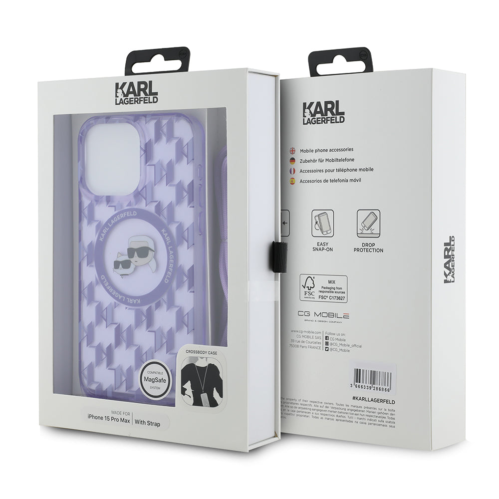 MagSafe Hülle für Apple iPhone 15 Pro Max, Karl Lagerfeld, IML Crossbody Monogram Karl & Choupette's Heads, Lila