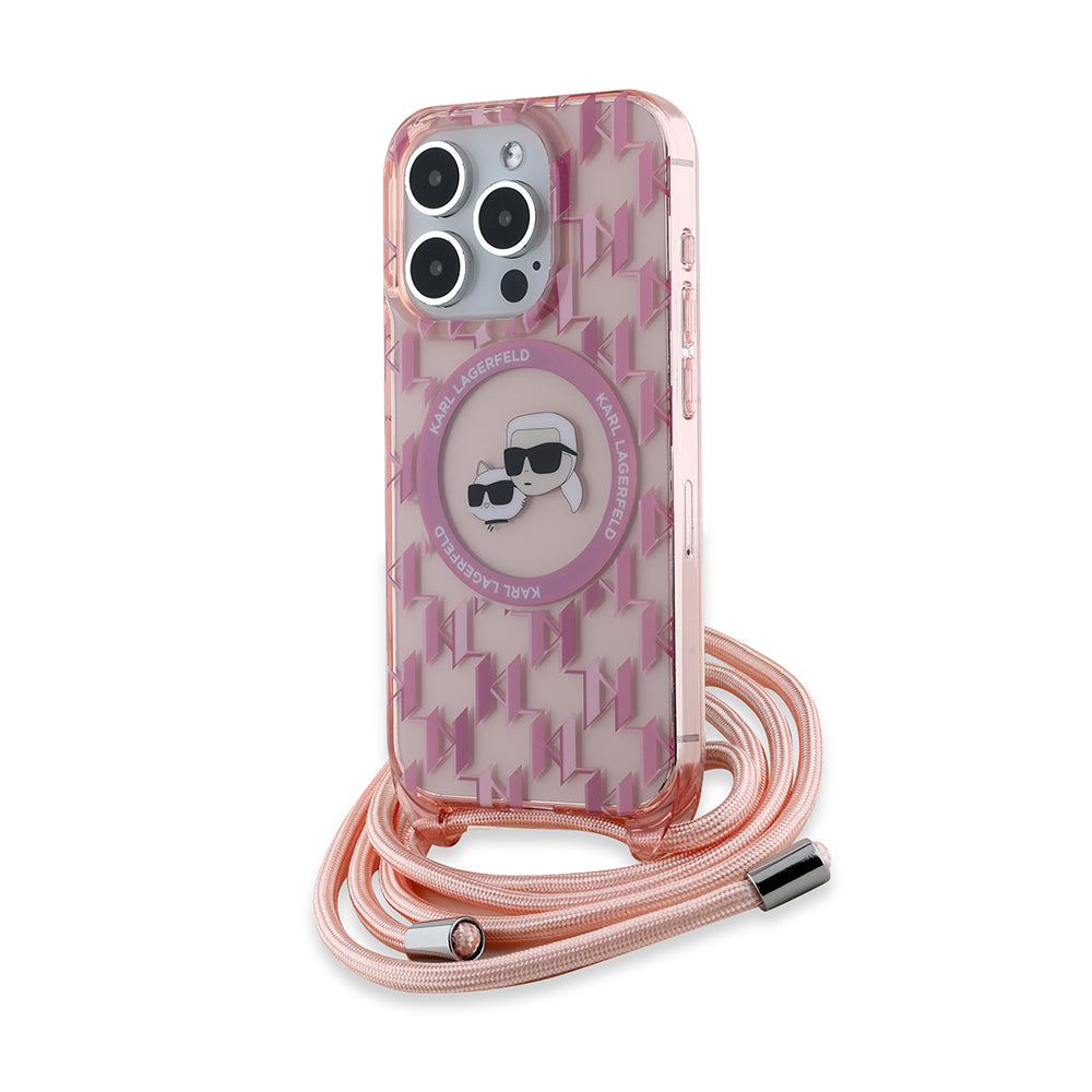 MagSafe Hülle für Apple iPhone 15 Pro Max, Karl Lagerfeld, IML Crossbody Monogram Karl & Choupette's Heads, Rosa