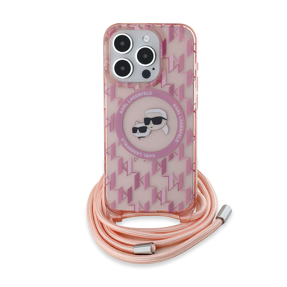 MagSafe Hülle für Apple iPhone 15 Pro Max, Karl Lagerfeld, IML Crossbody Monogram Karl & Choupette's Heads, Rosa