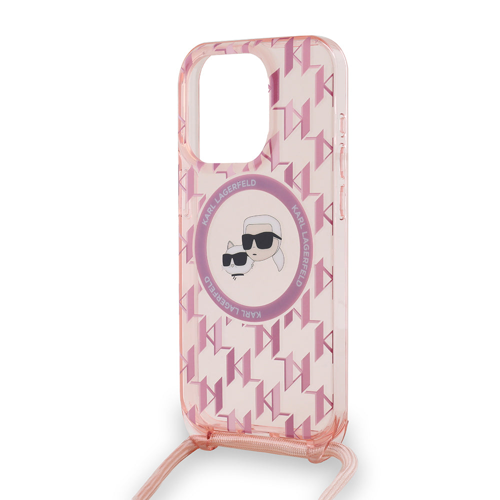 MagSafe Hülle für Apple iPhone 15 Pro Max, Karl Lagerfeld, IML Crossbody Monogram Karl & Choupette's Heads, Rosa