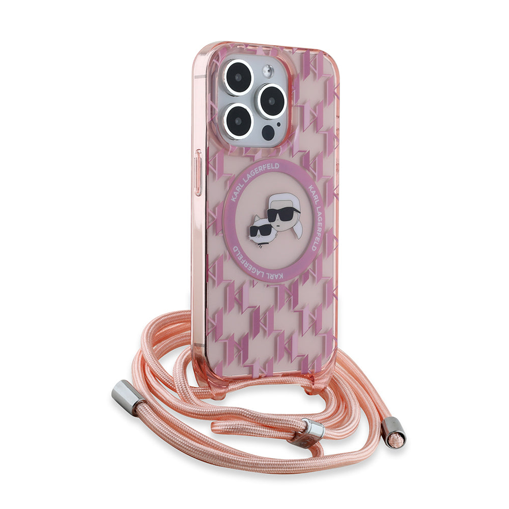 MagSafe Hülle für Apple iPhone 15 Pro Max, Karl Lagerfeld, IML Crossbody Monogram Karl & Choupette's Heads, Rosa