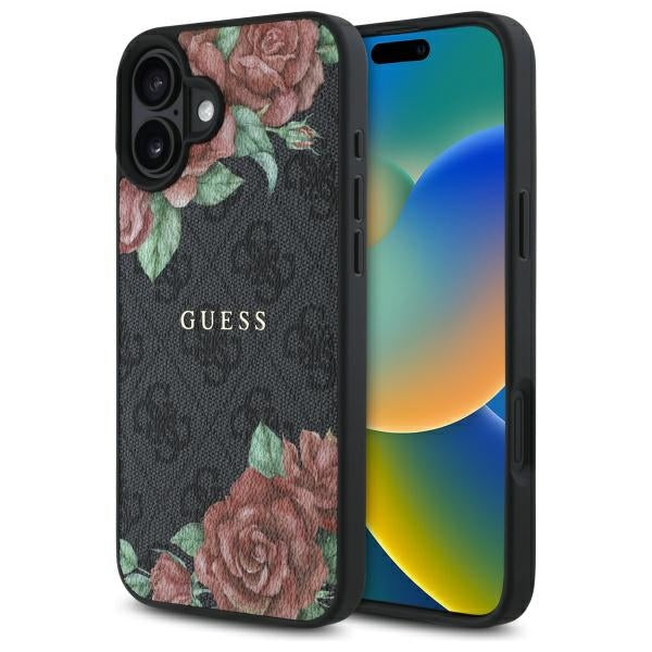 MagSafe Hülle für Apple iPhone 16, Guess, 4G Flowers Print, Schwarz