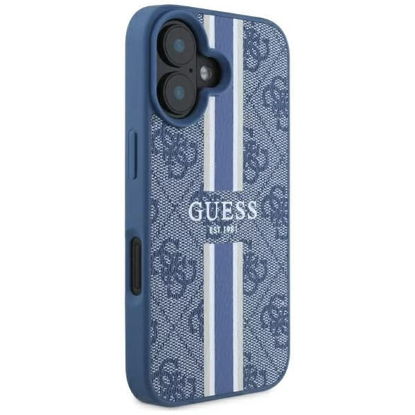 MagSafe Hülle für Apple iPhone 16, Guess, 4G Printed Stripes, Blau