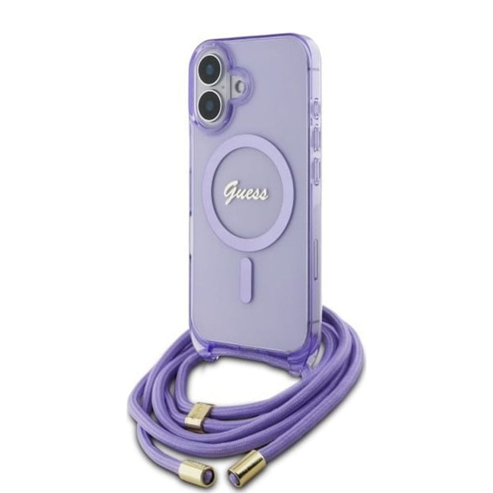 MagSafe Hülle für Apple iPhone 16, Guess, IML Crossbody Cord Script, Lila
