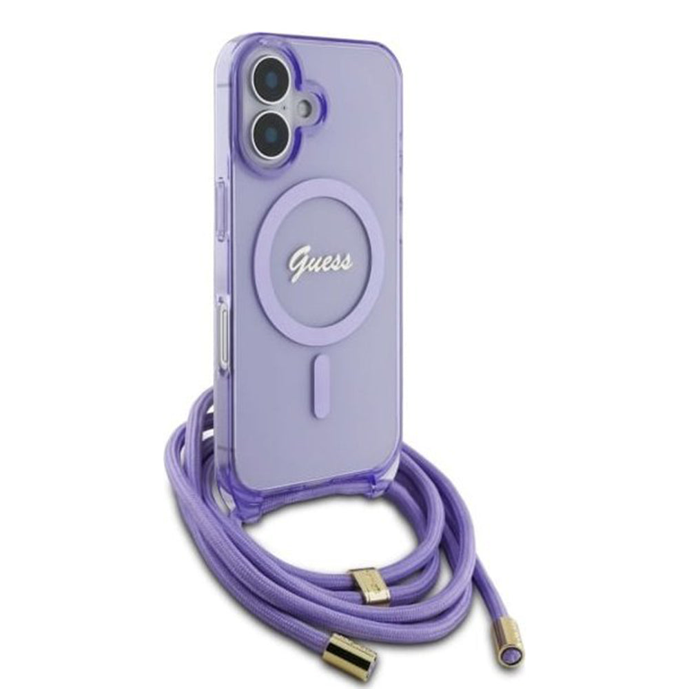 MagSafe Hülle für Apple iPhone 16, Guess, IML Crossbody Cord Script, Lila
