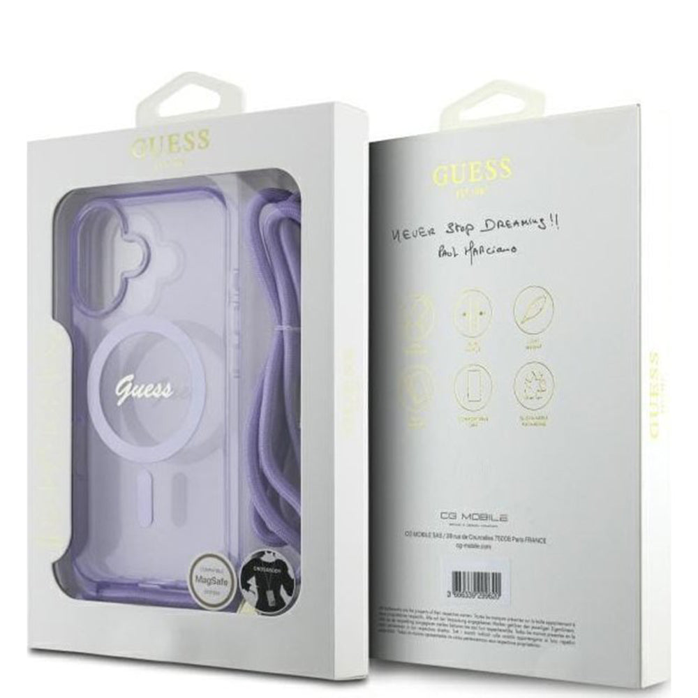 MagSafe Hülle für Apple iPhone 16, Guess, IML Crossbody Cord Script, Lila