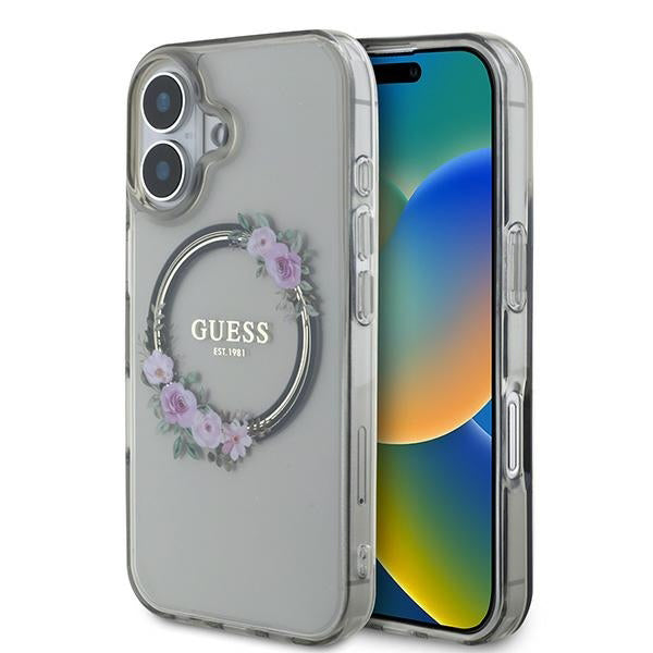 MagSafe Hülle für Apple iPhone 16, Guess, IML Flowers Wreath, Schwarz