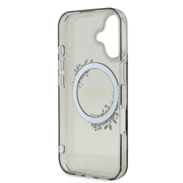MagSafe Hülle für Apple iPhone 16, Guess, IML Flowers Wreath, Schwarz