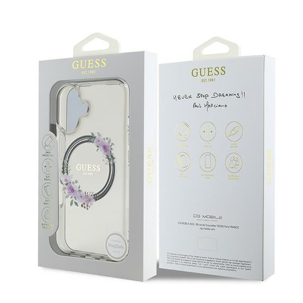 MagSafe Hülle für Apple iPhone 16, Guess, IML Flowers Wreath, Schwarz