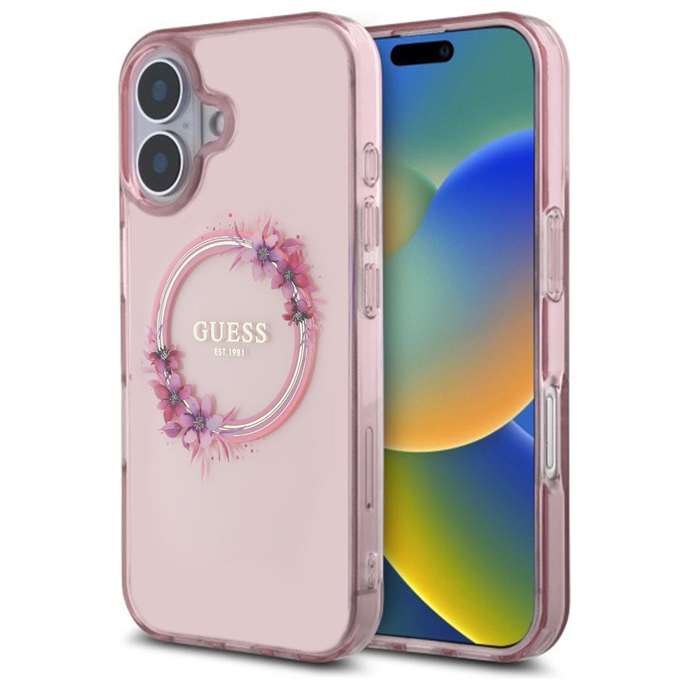 MagSafe Hülle für Apple iPhone 16, Guess, IML Flowers Wreath, Rosa