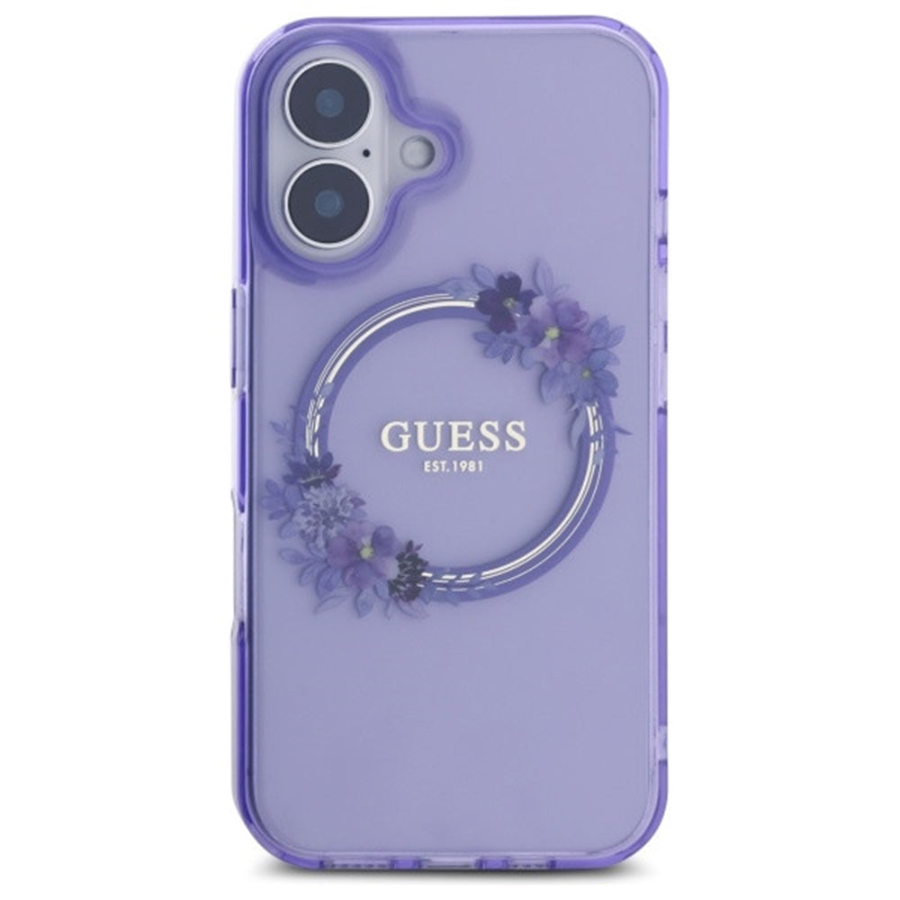 MagSafe Hülle für Apple iPhone 16, Guess, IML Flowers Wreath, Rosa