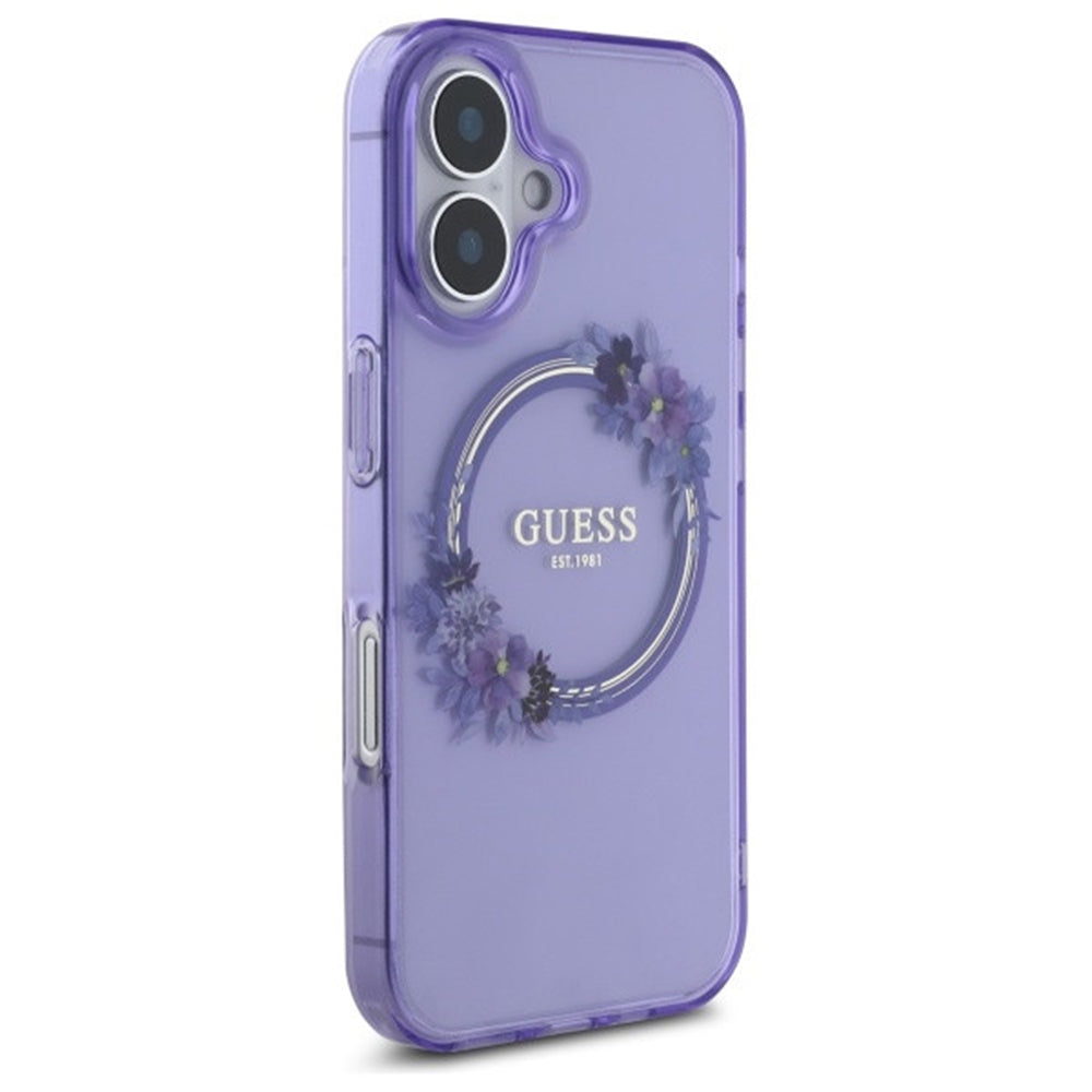 MagSafe Hülle für Apple iPhone 16, Guess, IML Flowers Wreath, Rosa