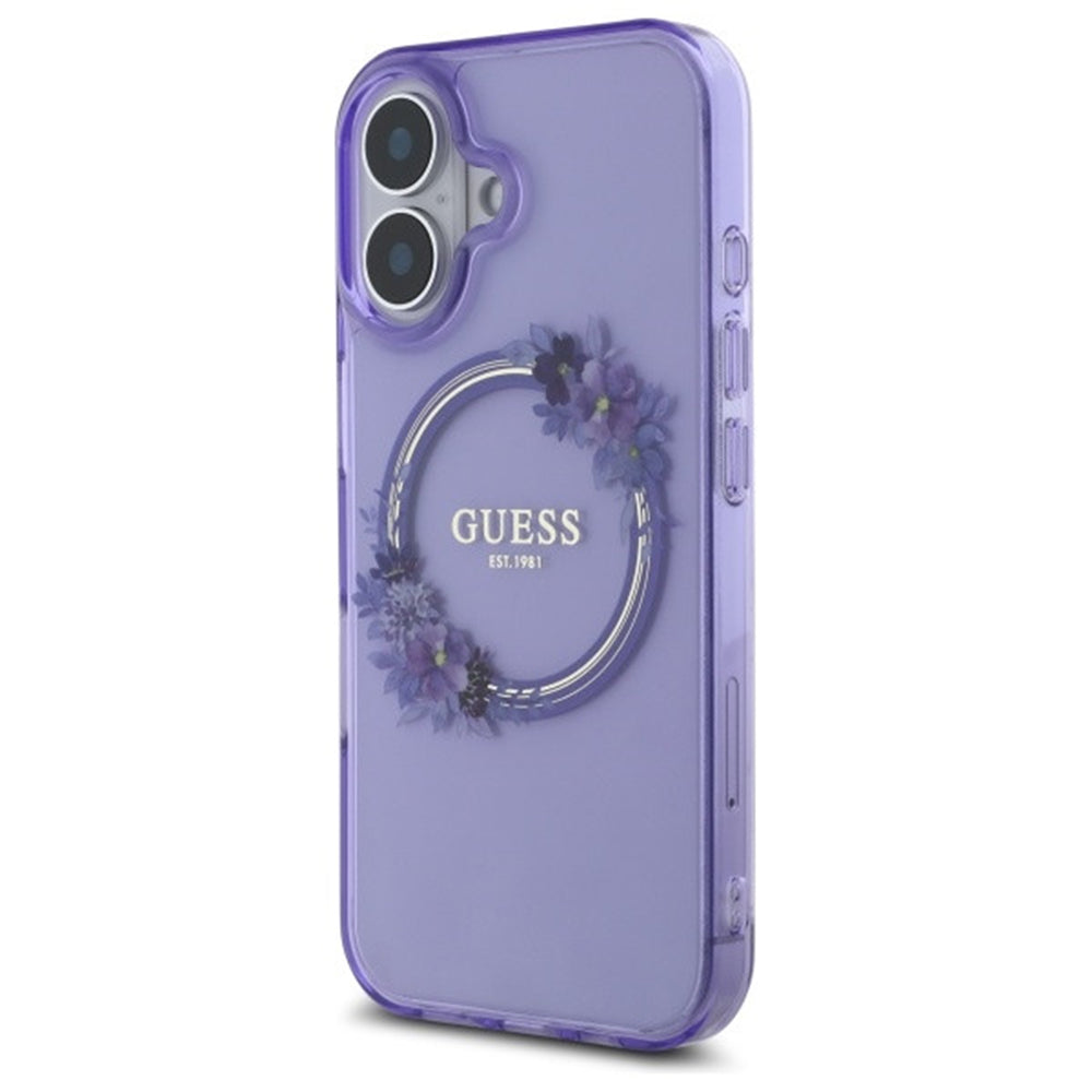 MagSafe Hülle für Apple iPhone 16, Guess, IML Flowers Wreath, Rosa