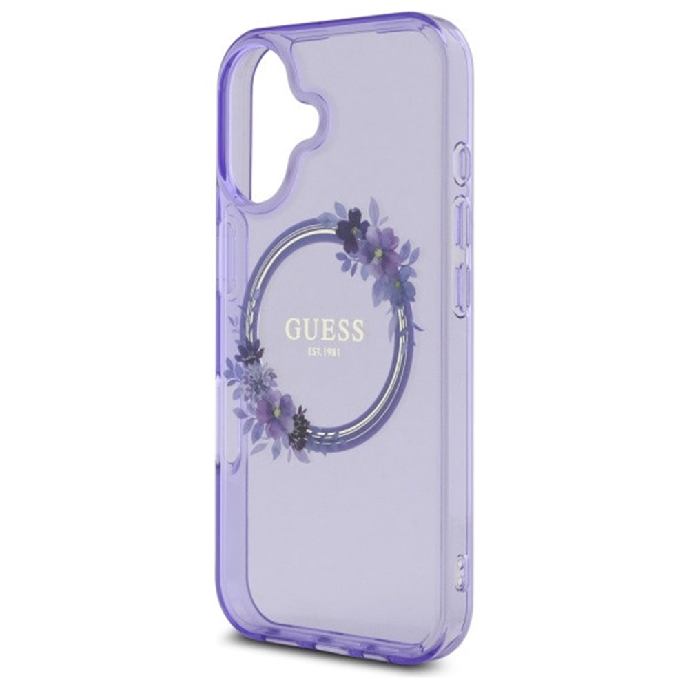 MagSafe Hülle für Apple iPhone 16, Guess, IML Flowers Wreath, Rosa