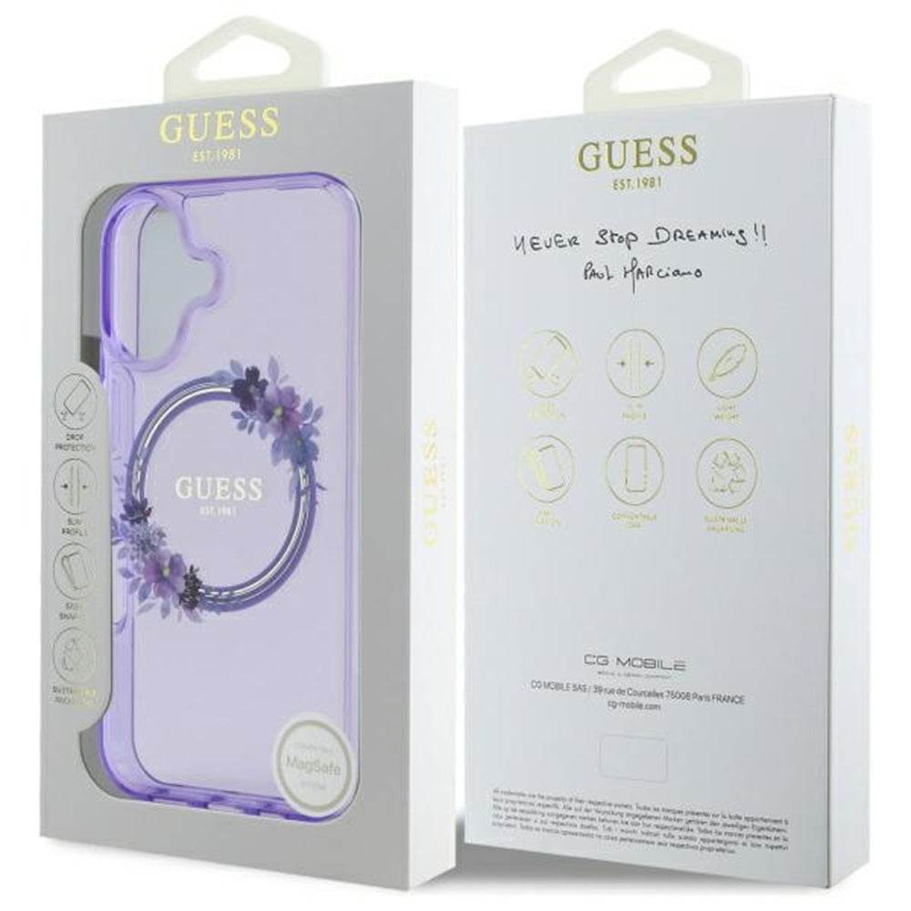 MagSafe Hülle für Apple iPhone 16, Guess, IML Flowers Wreath, Rosa