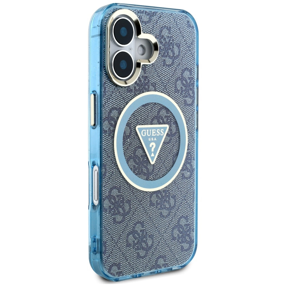MagSafe Hülle für Apple iPhone 16, Guess, IML Glitter 4G Circle Triangle, Blau