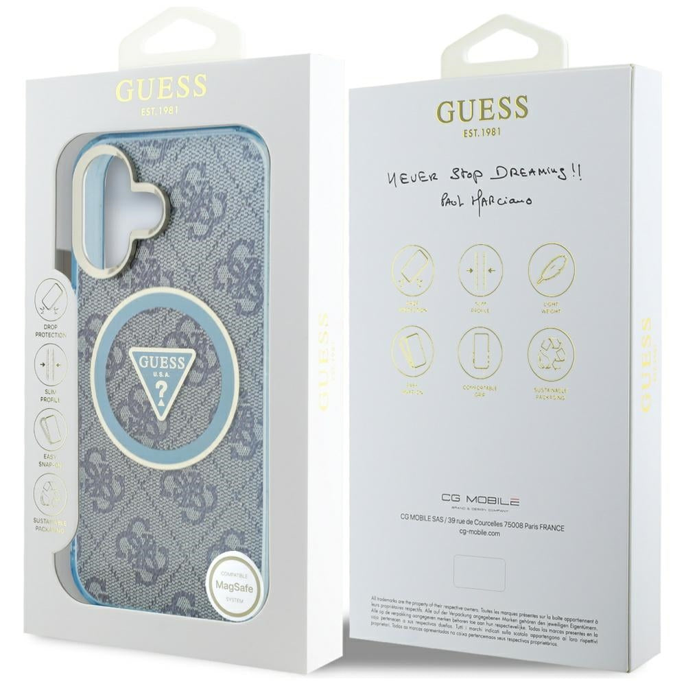 MagSafe Hülle für Apple iPhone 16, Guess, IML Glitter 4G Circle Triangle, Blau
