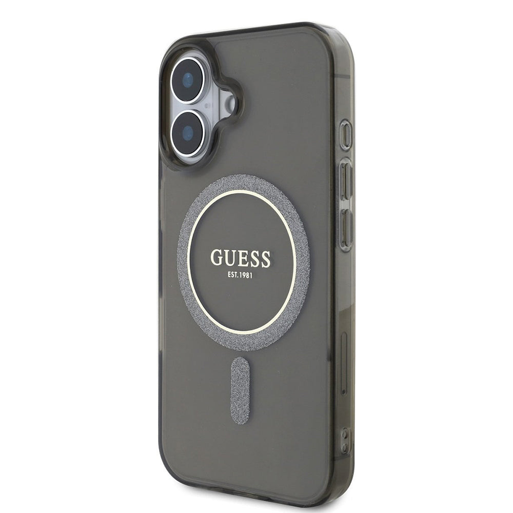MagSafe Hülle für Apple iPhone 16, Guess, IML Glitter Circle, Schwarz