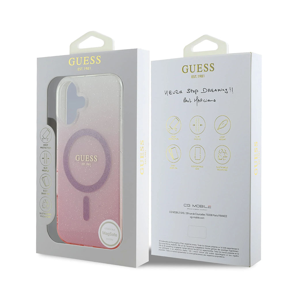 MagSafe Case for Apple iPhone 16, Guess, IML Glitter Gradient, Brown