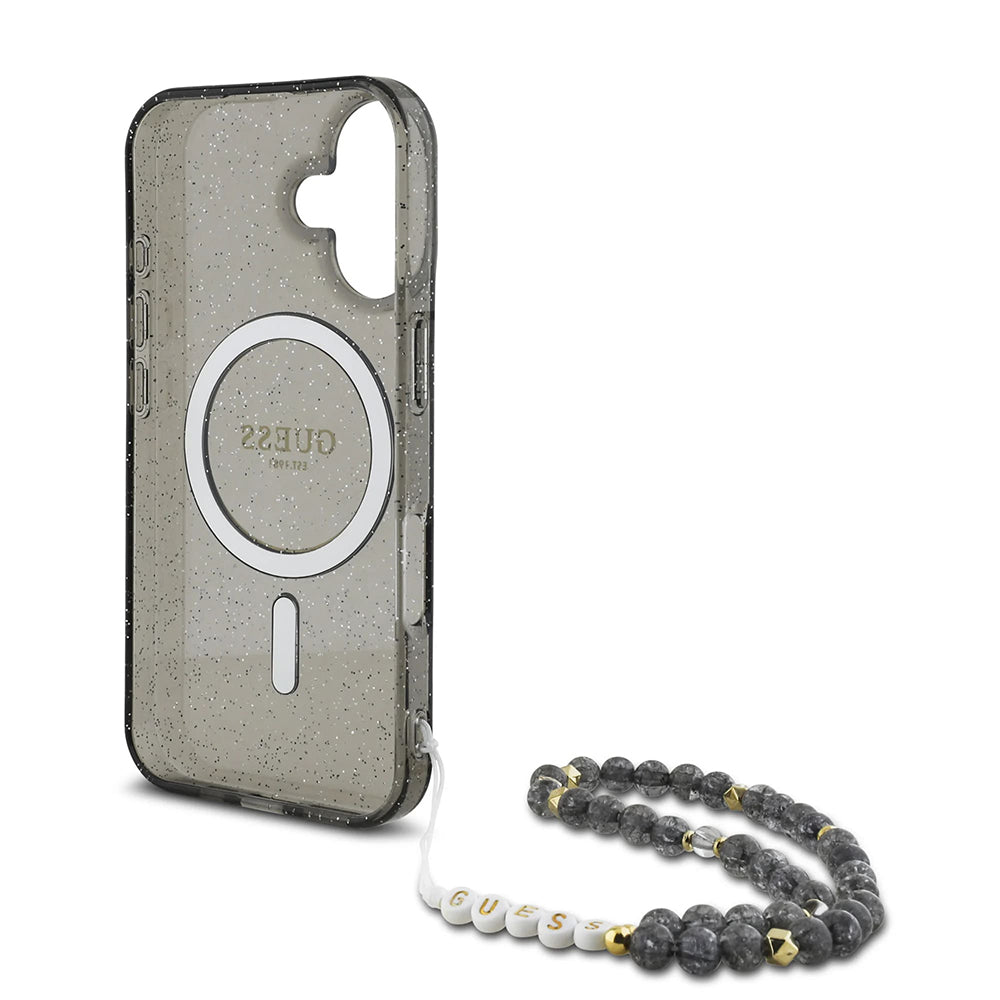 MagSafe Hülle für Apple iPhone 16, Guess, IML Glitter mit Perlenband, Schwarz