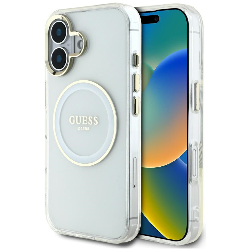 MagSafe Hülle für Apple iPhone 16, Guess, IML Metal Colored Circle, Weiß