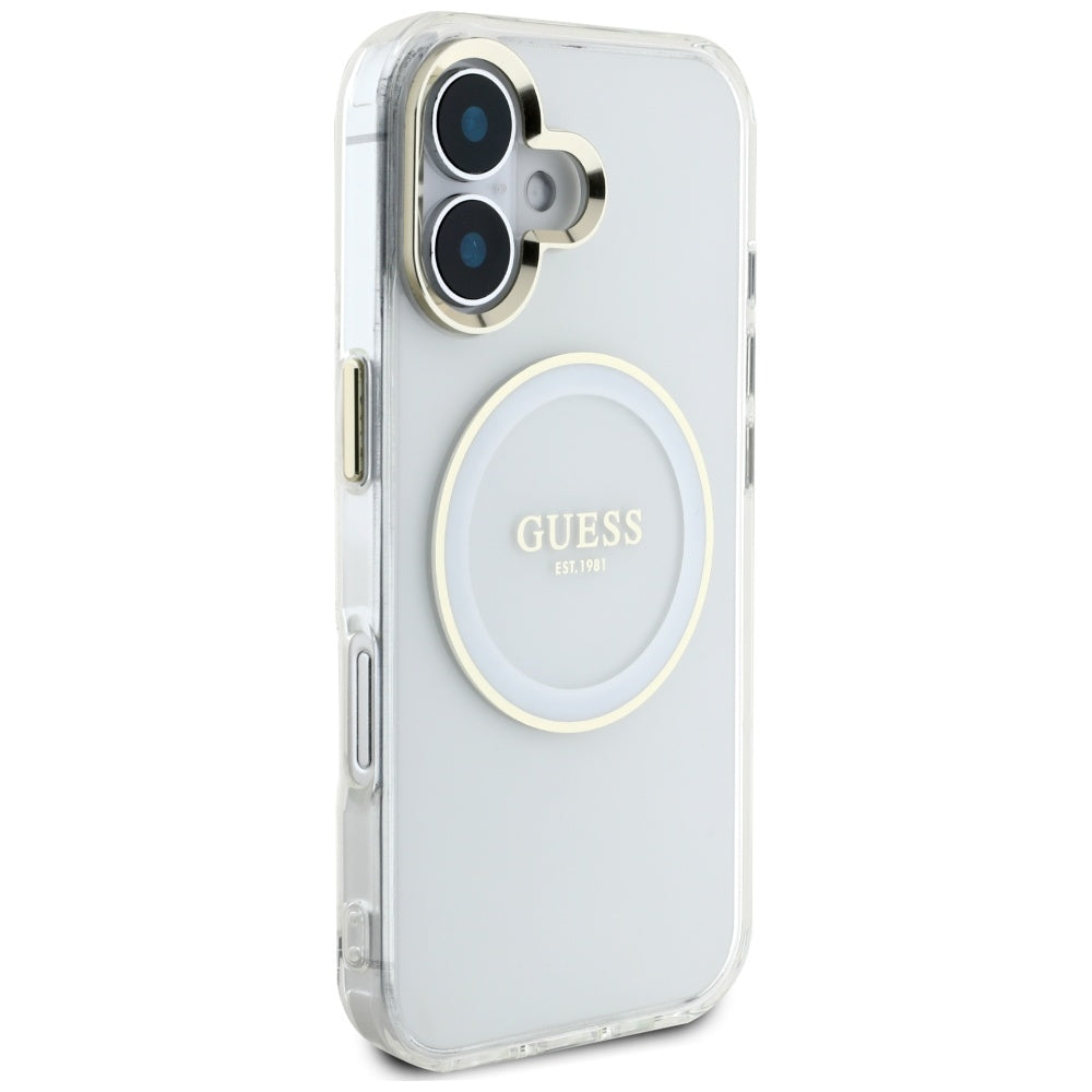 MagSafe Hülle für Apple iPhone 16, Guess, IML Metal Colored Circle, Weiß