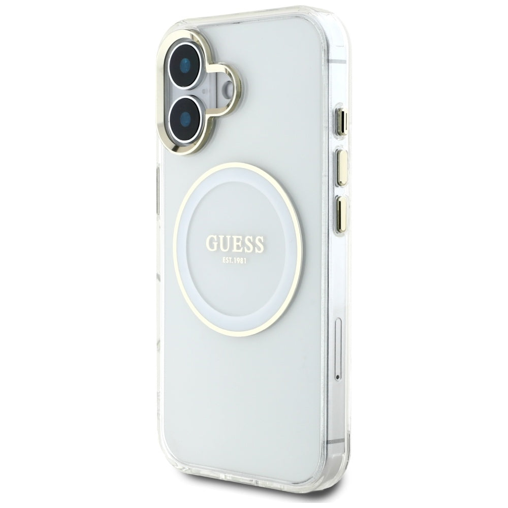 MagSafe Hülle für Apple iPhone 16, Guess, IML Metal Colored Circle, Weiß