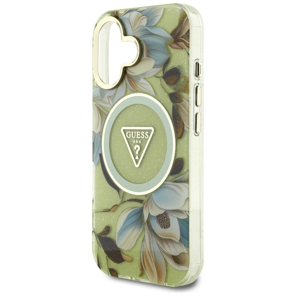 MagSafe Hülle für Apple iPhone 16, Guess, IML Metal Glitter Flowers Triangle, Grün