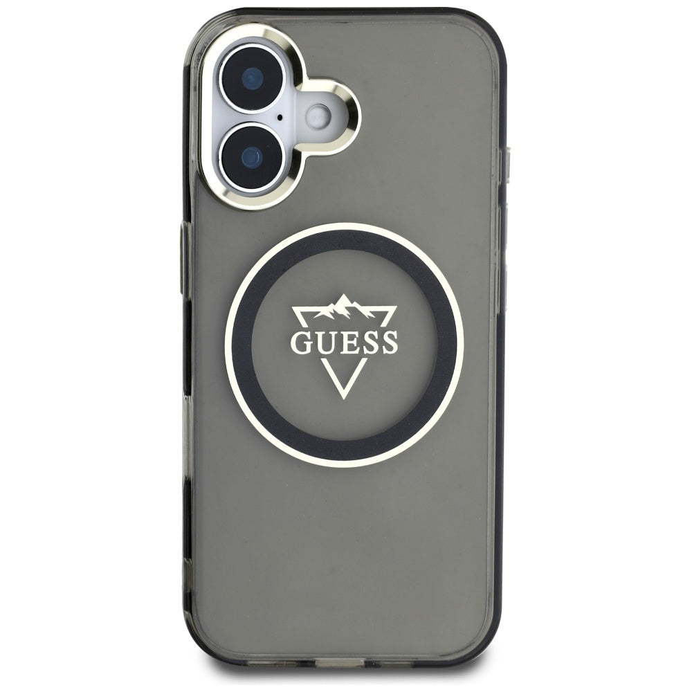 MagSafe Hülle für Apple iPhone 16, Guess, IML Metal Mountain Logo, Schwarz